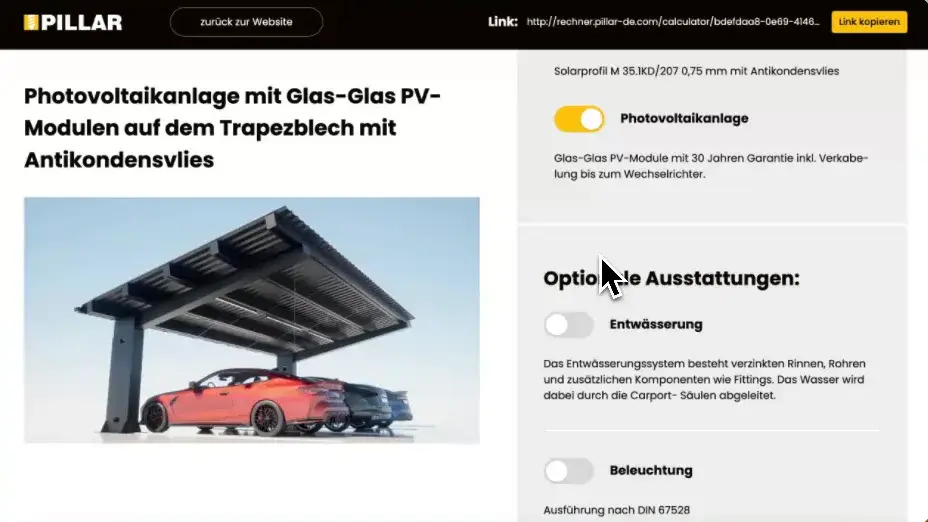 Konfigurator der Pillar GmbH: Ausstattung eines Solar-Carports wählen