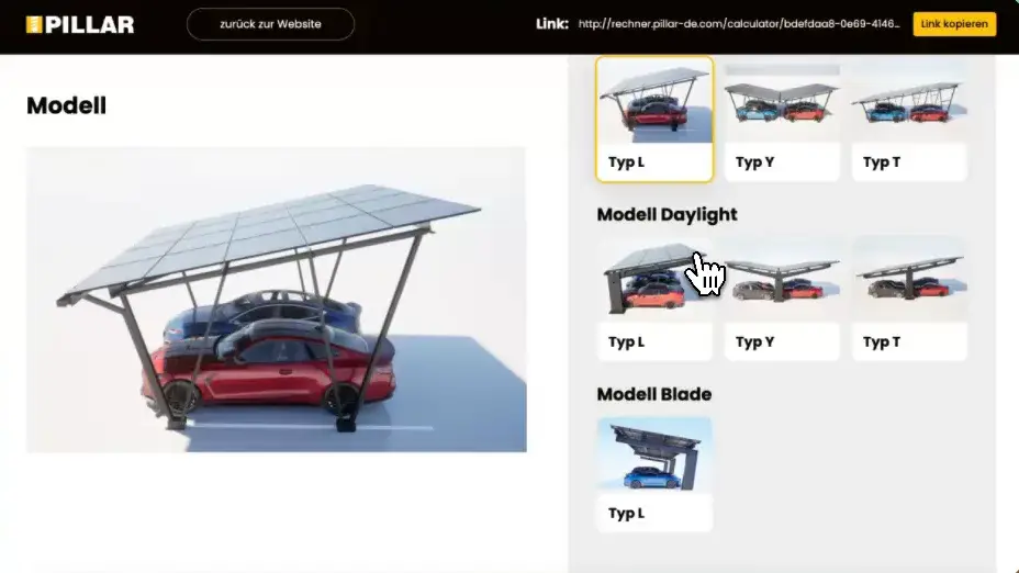 Online-Konfigurator der Pillar GmbH: Auswahl des Carport-Modells
