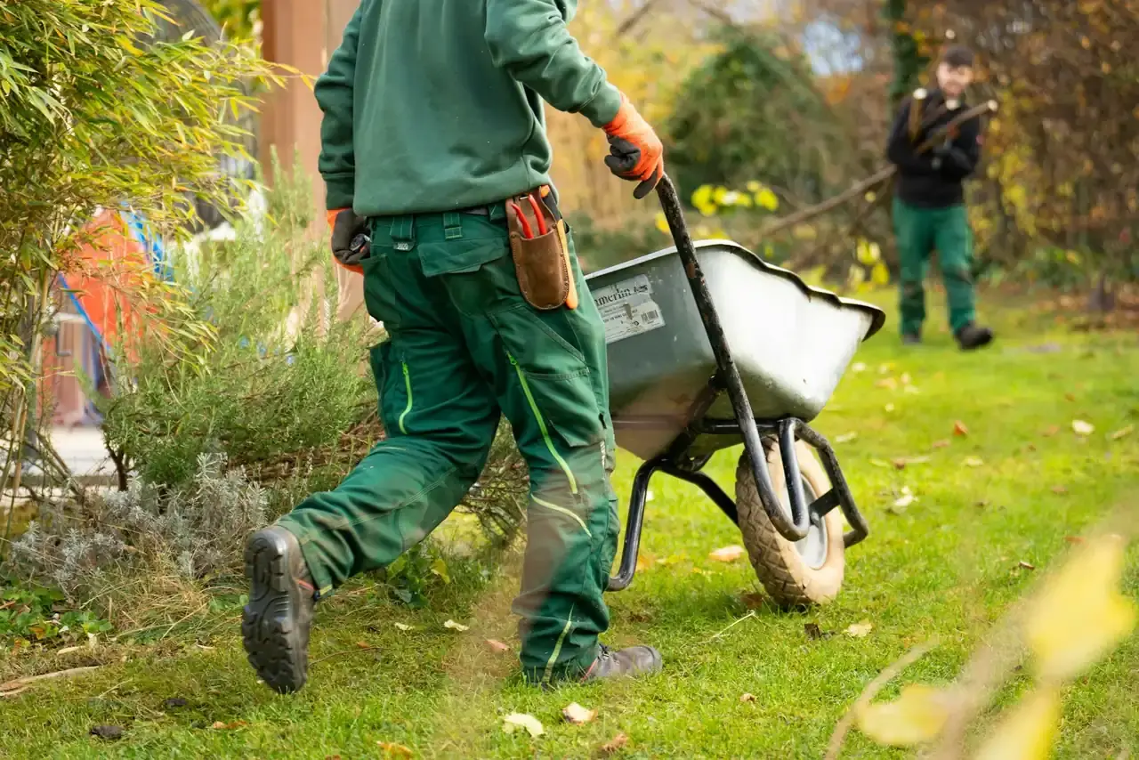 Gärtner in Arbeitskleidung schiebt eine Schubkarre durch einen Garten